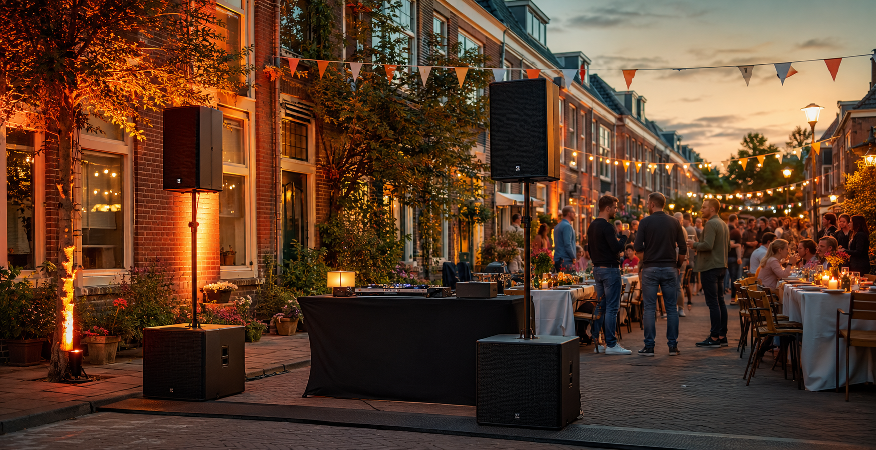 Nederlands straatfeest met nette geluidsinstallatie en sfeerverlichting